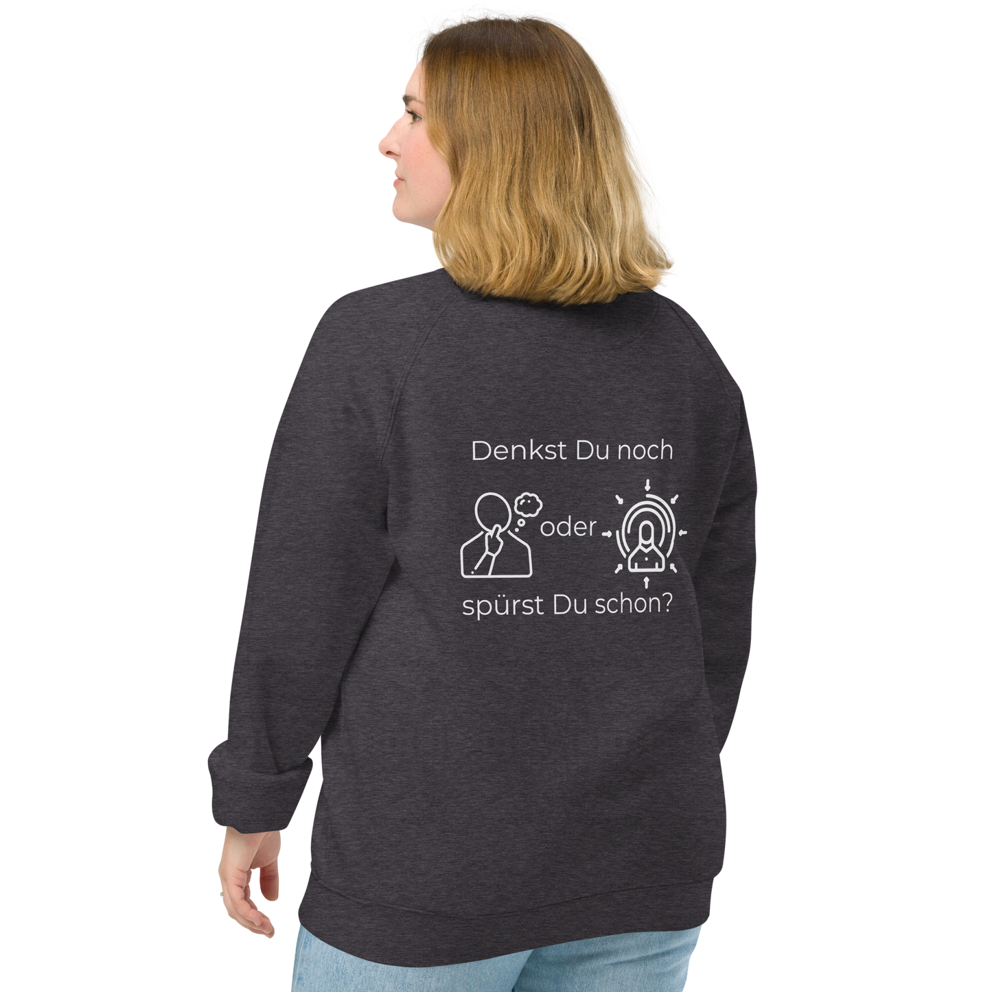 Unisex Bio-Raglan-Pullover - Denkst Du noch? - mit Bestickung vorne