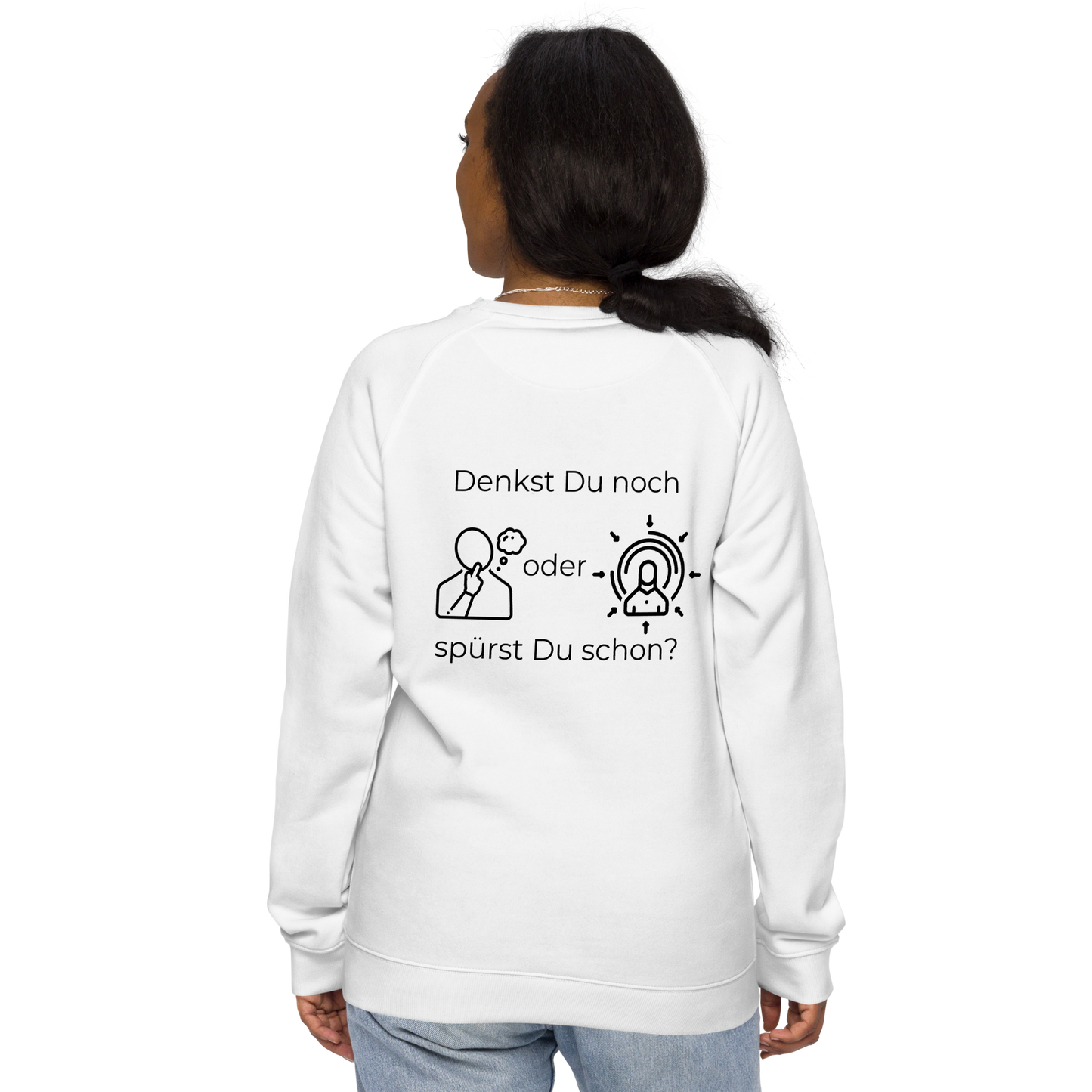 Unisex Bio-Raglan-Pullover - Denkst Du noch? - mit Bestickung vorne