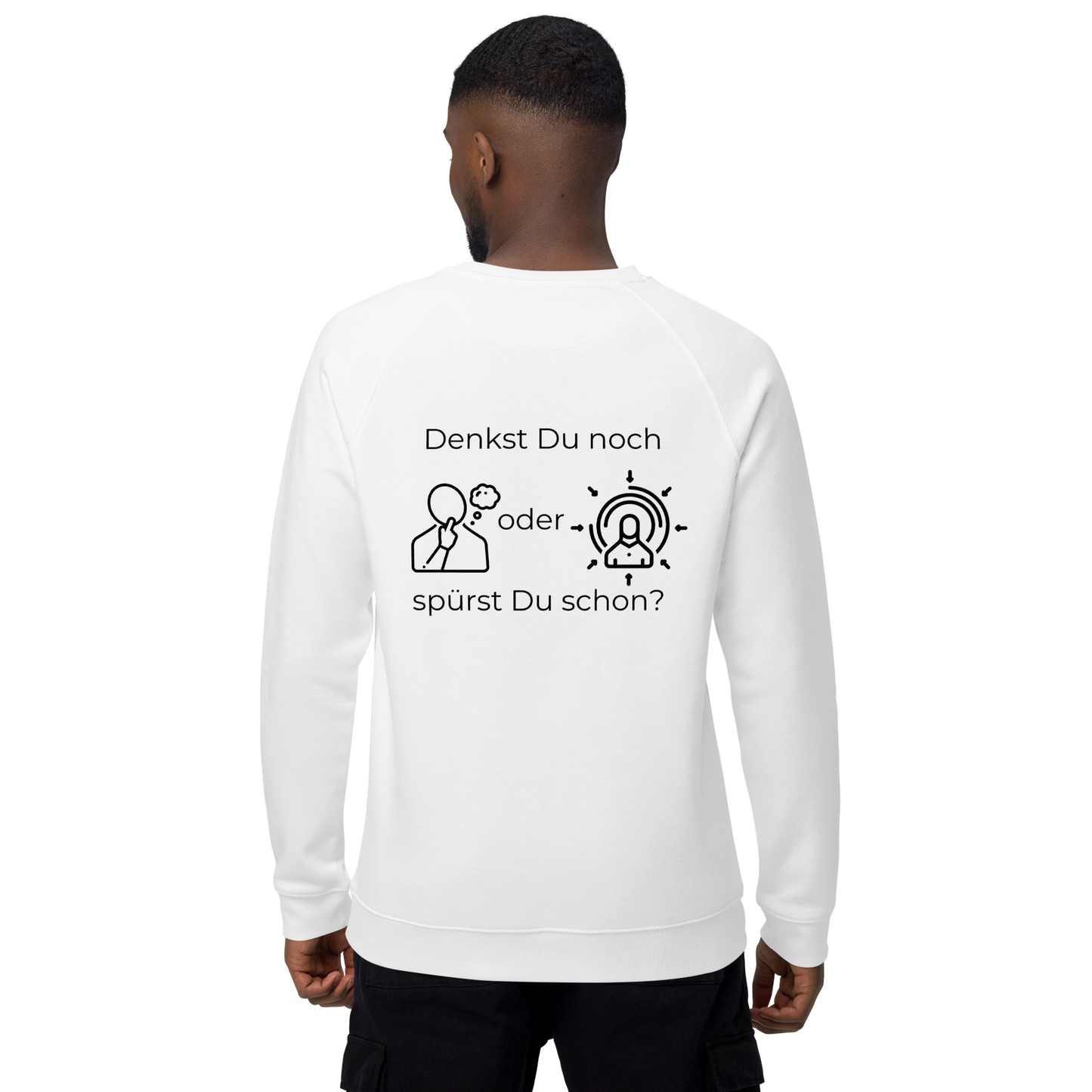 Unisex Bio-Raglan-Pullover - Denkst Du noch? - mit Bestickung vorne