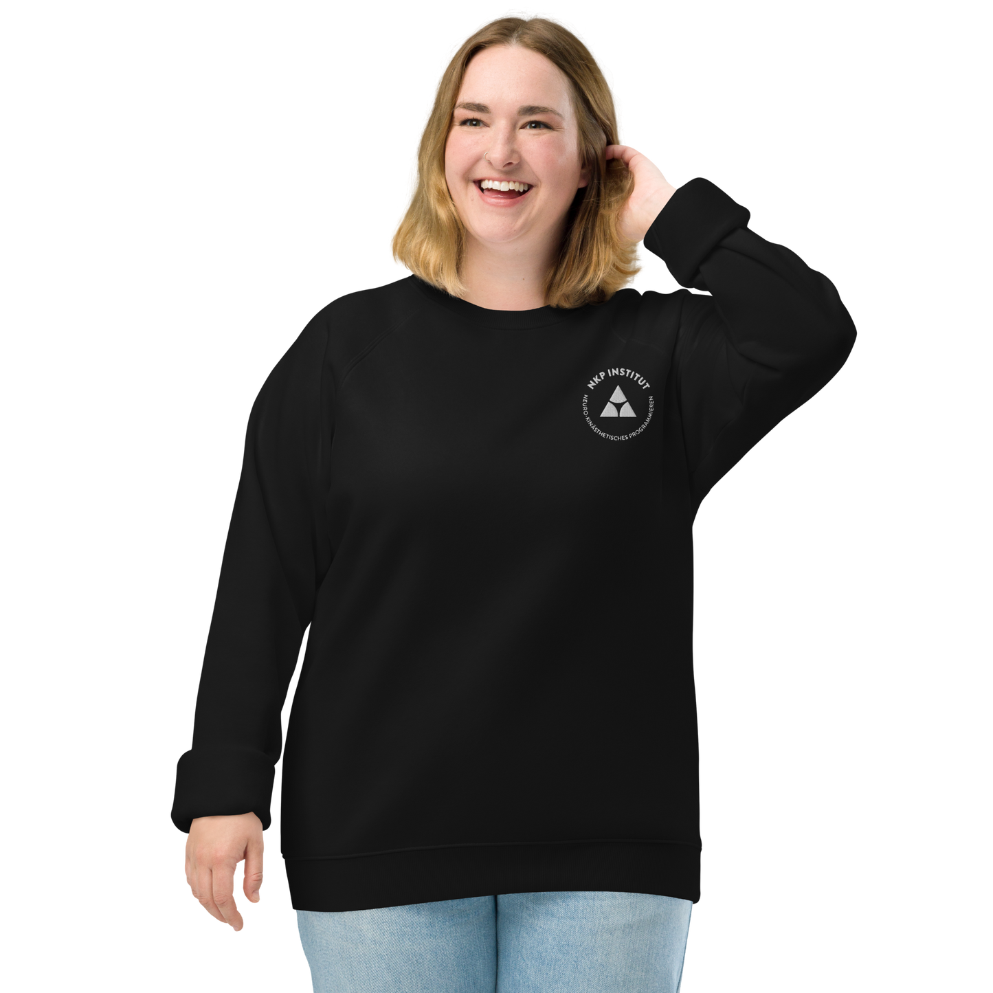 Unisex Bio-Raglan-Pullover - Denkst Du noch? - mit Bestickung vorne