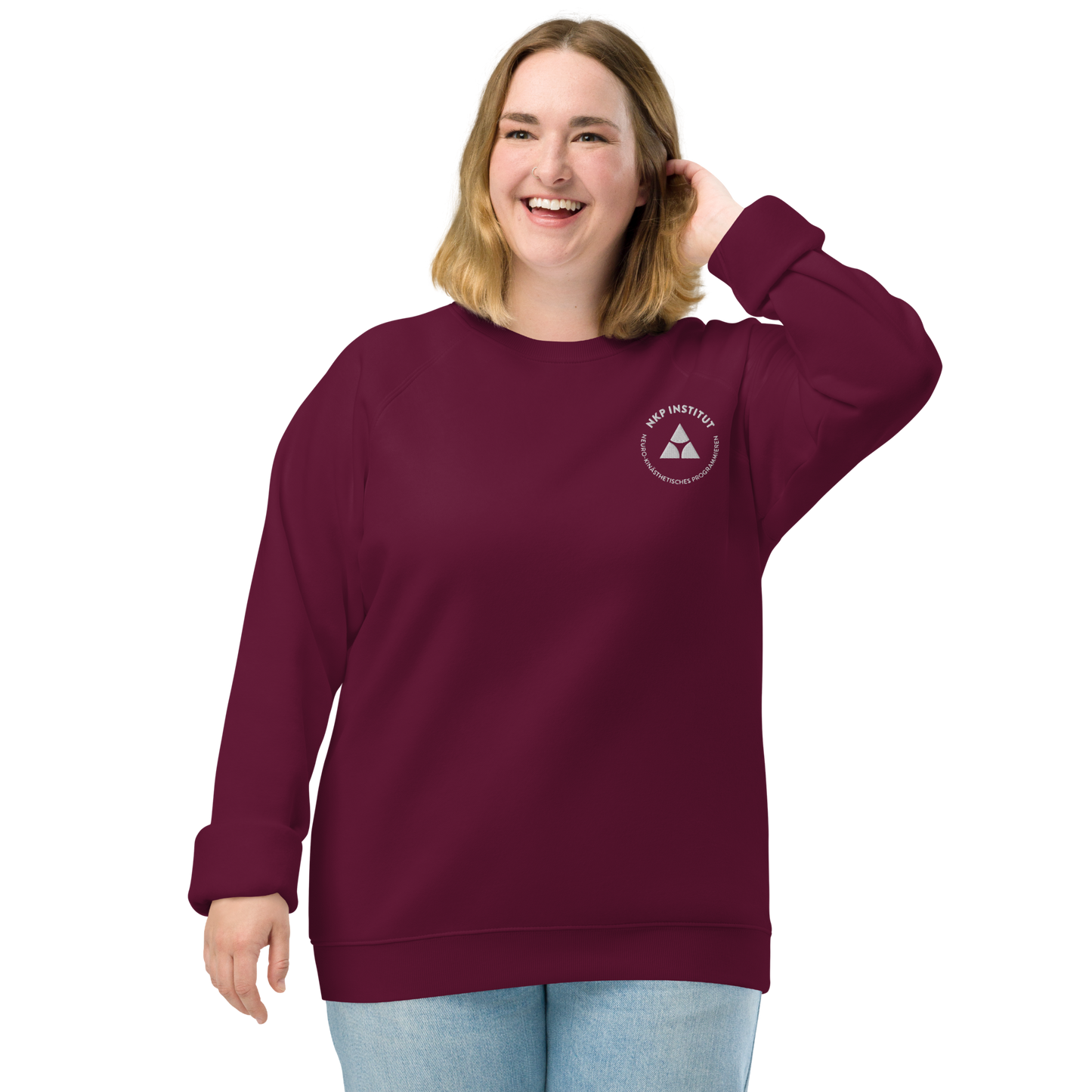 Unisex Bio-Raglan-Pullover - Denkst Du noch? - mit Bestickung vorne